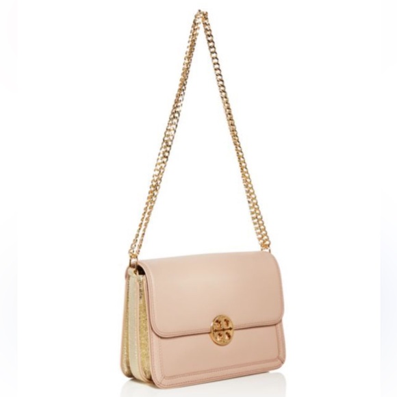 Tory Burch Handbags - Tory Burch Peach/Gold Leather Duet Chain Shoulder Bag